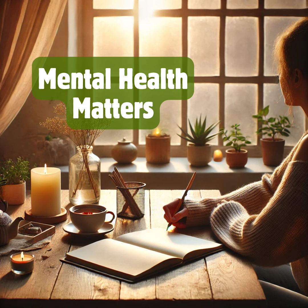 A serene indoor setting with a person journaling at a desk near a large window. Natural light streams in, and the desk is adorned with a lit candle, a cup of tea, and small potted plants, symbolizing mindfulness and Mental Health Awareness